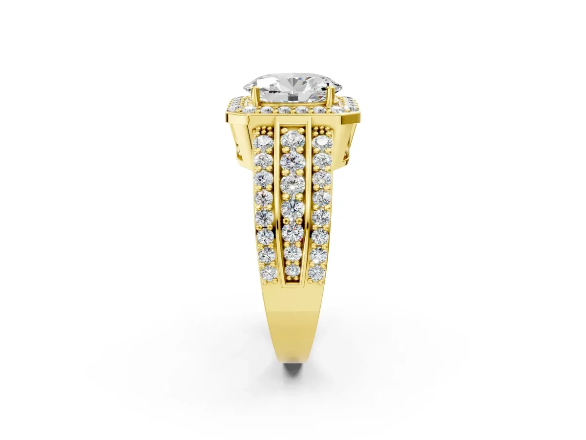 Oval Cut Halo Diamond Ring with Round Split Shank and Prong Setting Yellow gold