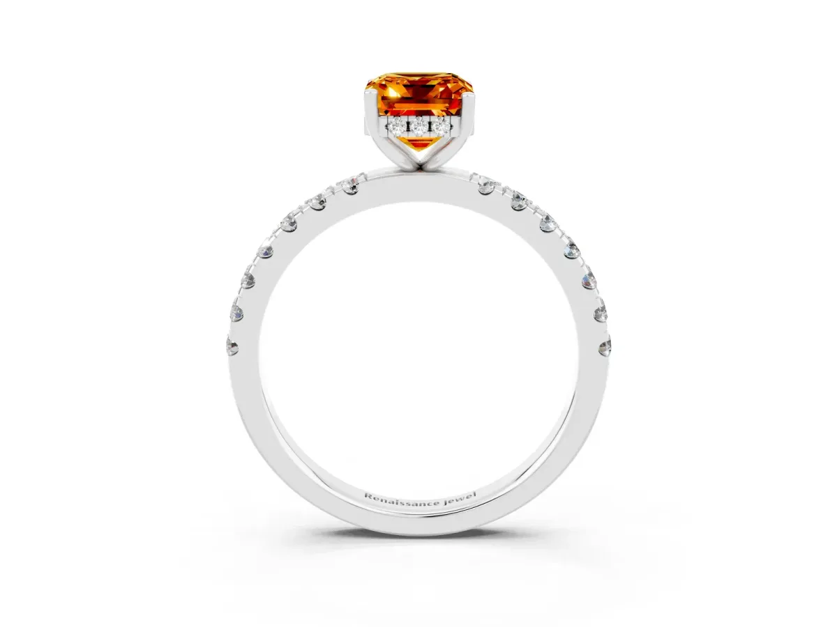 Emerald Cut Citrine Pave Band Solitaire Ring with Round and Prong Setting Platinum