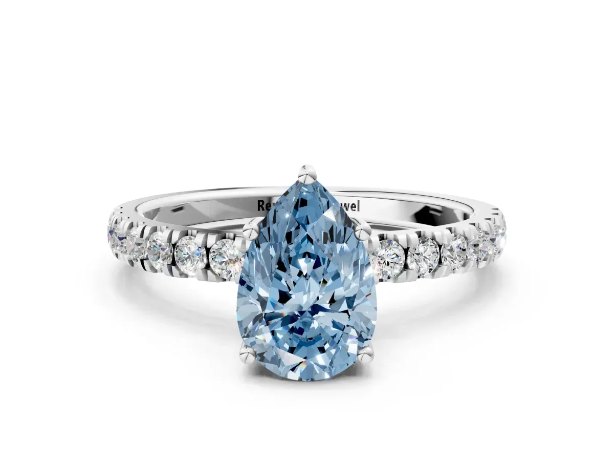 Fancy Blue Pear Cut Diamond Pave Band Solitaire Ring with Round and Prong Setting Platinum