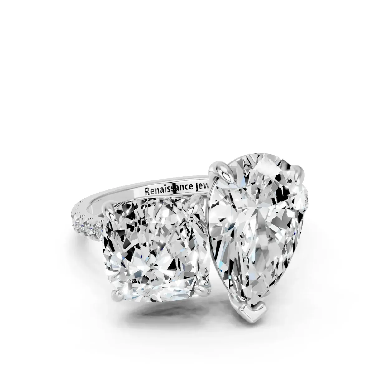 Pear and Cushion Toi Moi Ring with Prong Setting and Pave Band Silver