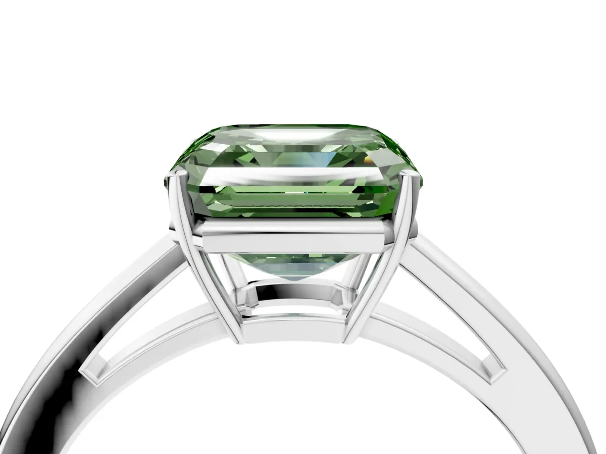 Fancy Green Asscher Cut Solitaire Diamond Ring with Split Shank and Four-Prong Setting Platinum