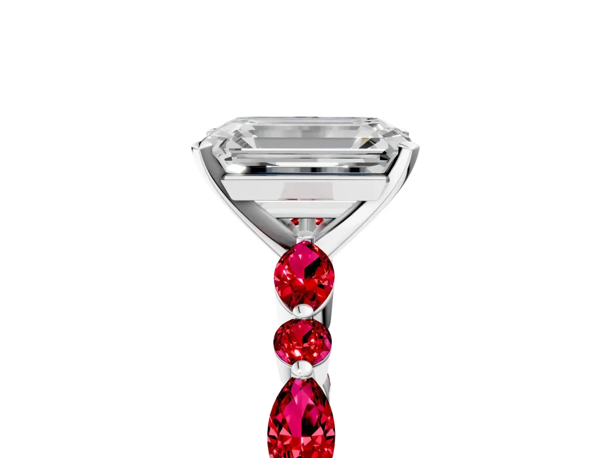 Emerald Cut Diamond Ring with Marquise and Round Ruby Side Stones and Four-Prong Setting Silver