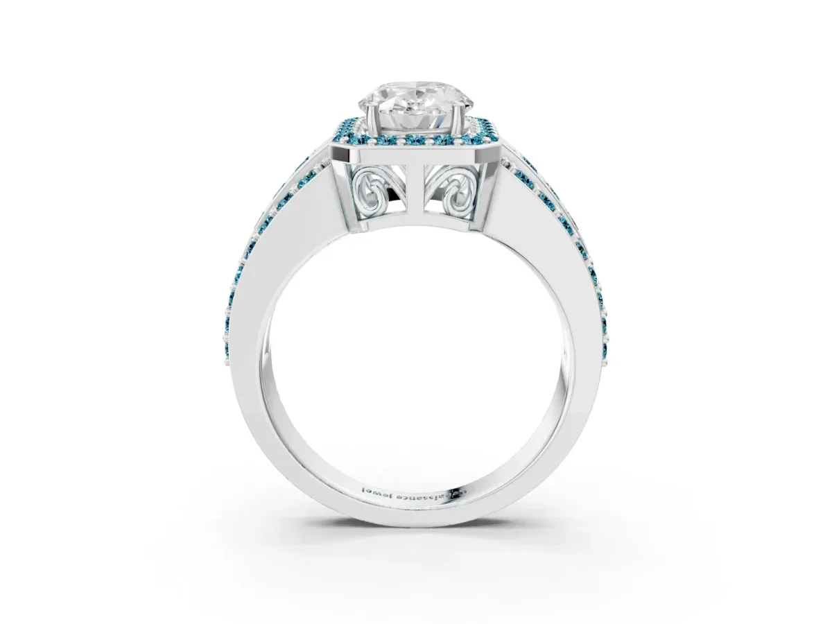 Oval Cut Halo Diamond Ring with Round Blue Topaz Split Shank and Prong Setting Silver
