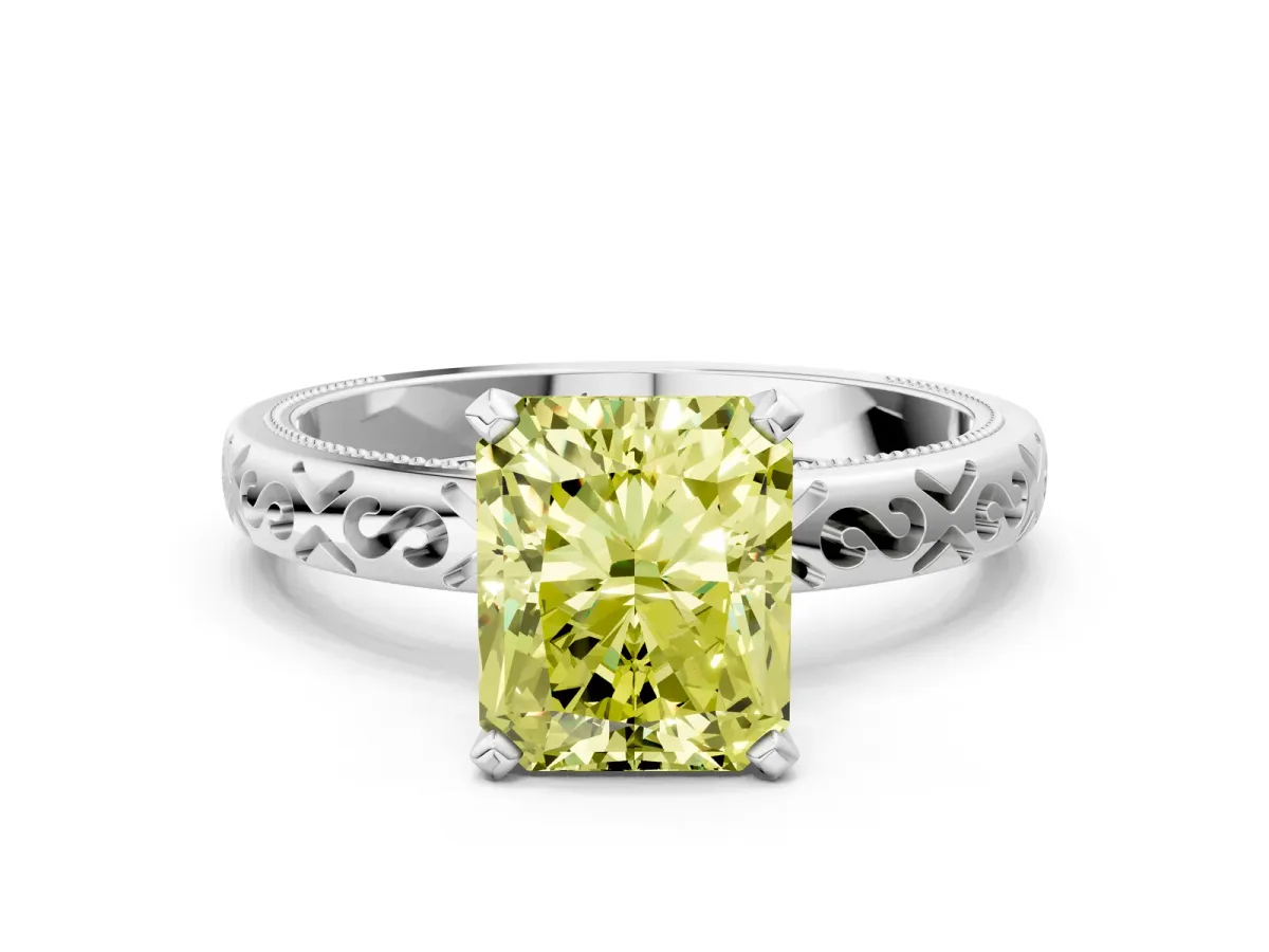 Fancy Yellow Radiant Cut Solitaire Engagement Ring with Scrollwork Band and Four-Prong Setting Platinum