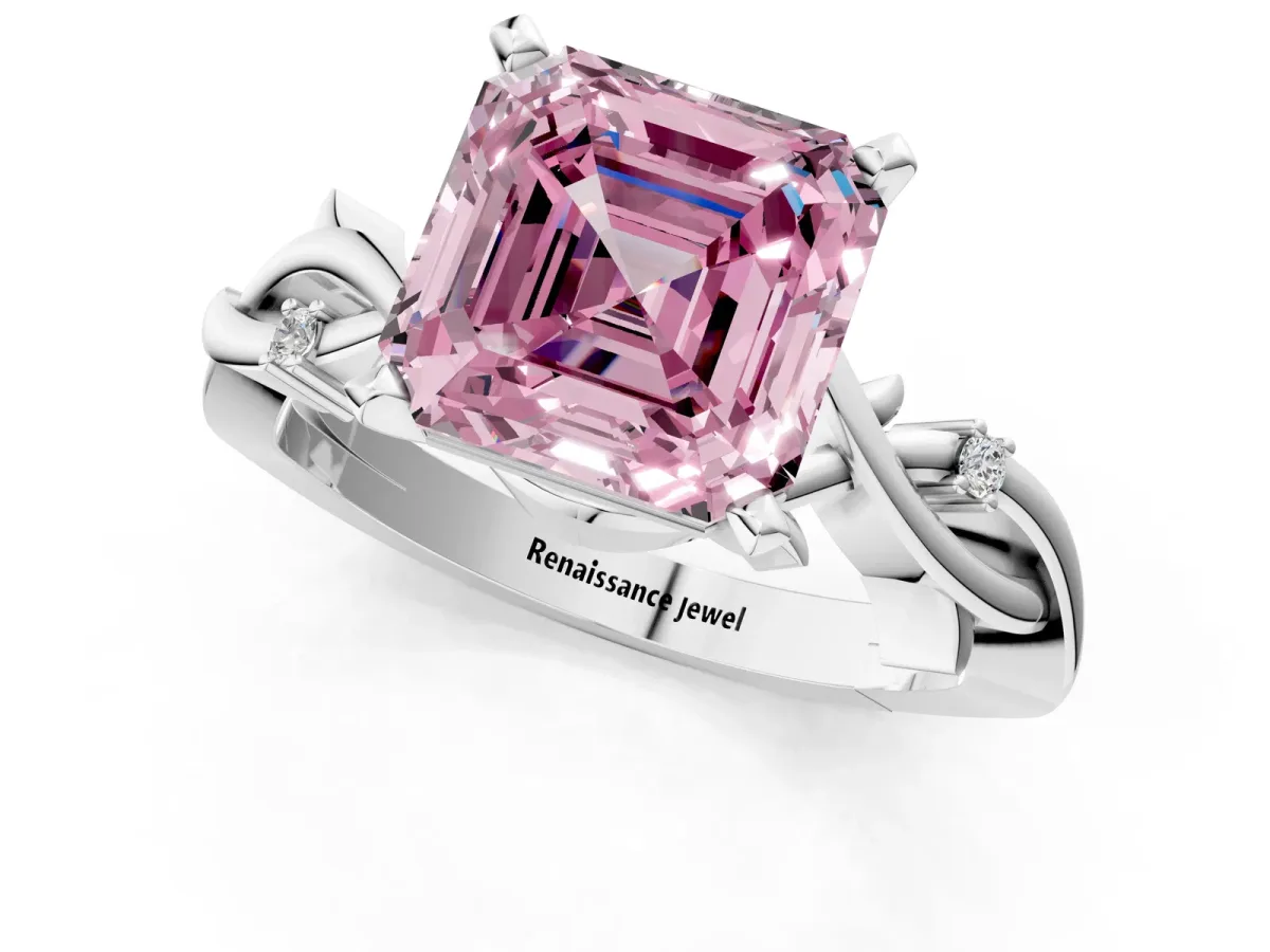 Fancy Pink Asscher Cut Diamond Solitaire Ring with Twisted Band and Prong Setting Platinum