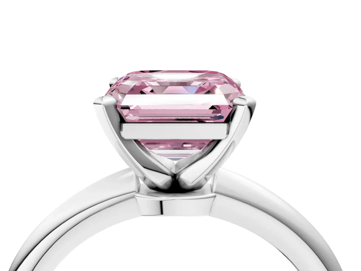 Fancy Pink Asscher Cut Diamond Solitaire Ring with Six-Prong Setting and Classic Band Silver