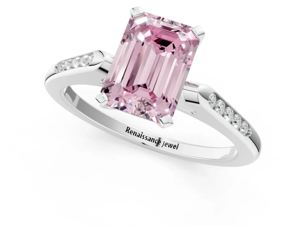 Fancy Pink Emerald Cut Diamond Solitaire Ring with Channel Set Round Band and Prong Setting Silver