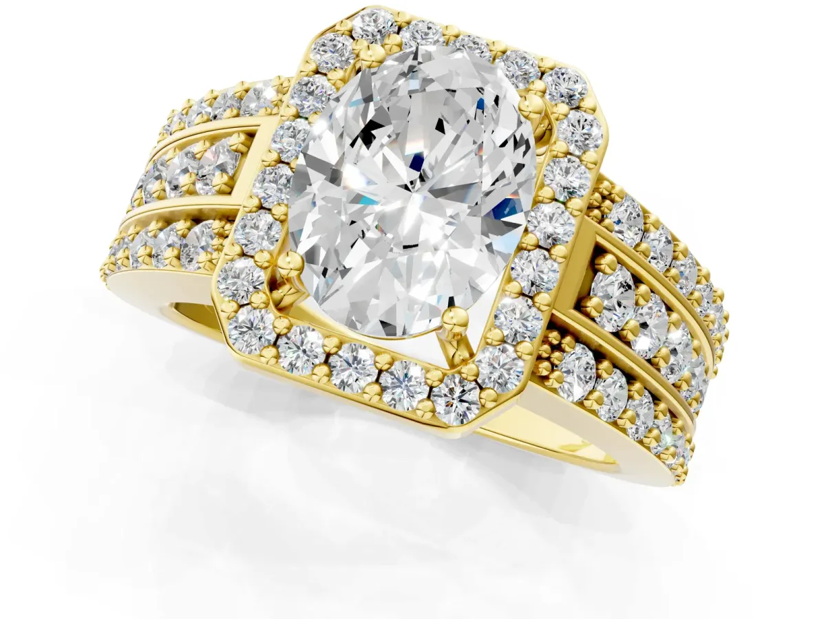 Oval Cut Halo Diamond Ring with Round Split Shank and Prong Setting Yellow gold