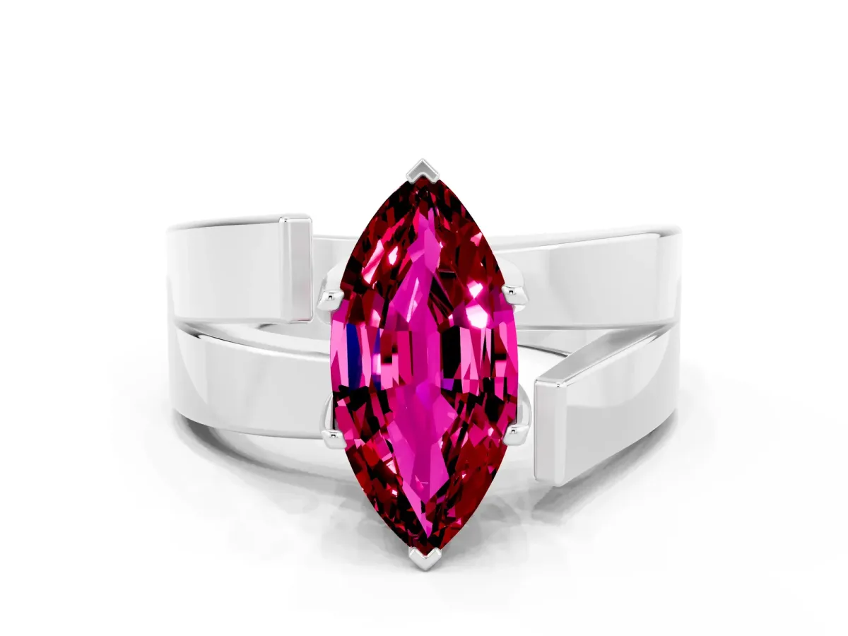 Modern Tension Set Marquise Cut Garnet Solitaire Wide Band Ring Silver