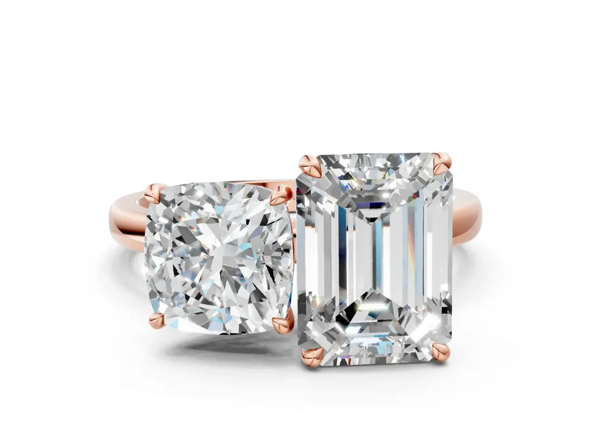 Cushion Cut and Emerald Cut Toi Moi Ring with Prong Setting Rose gold