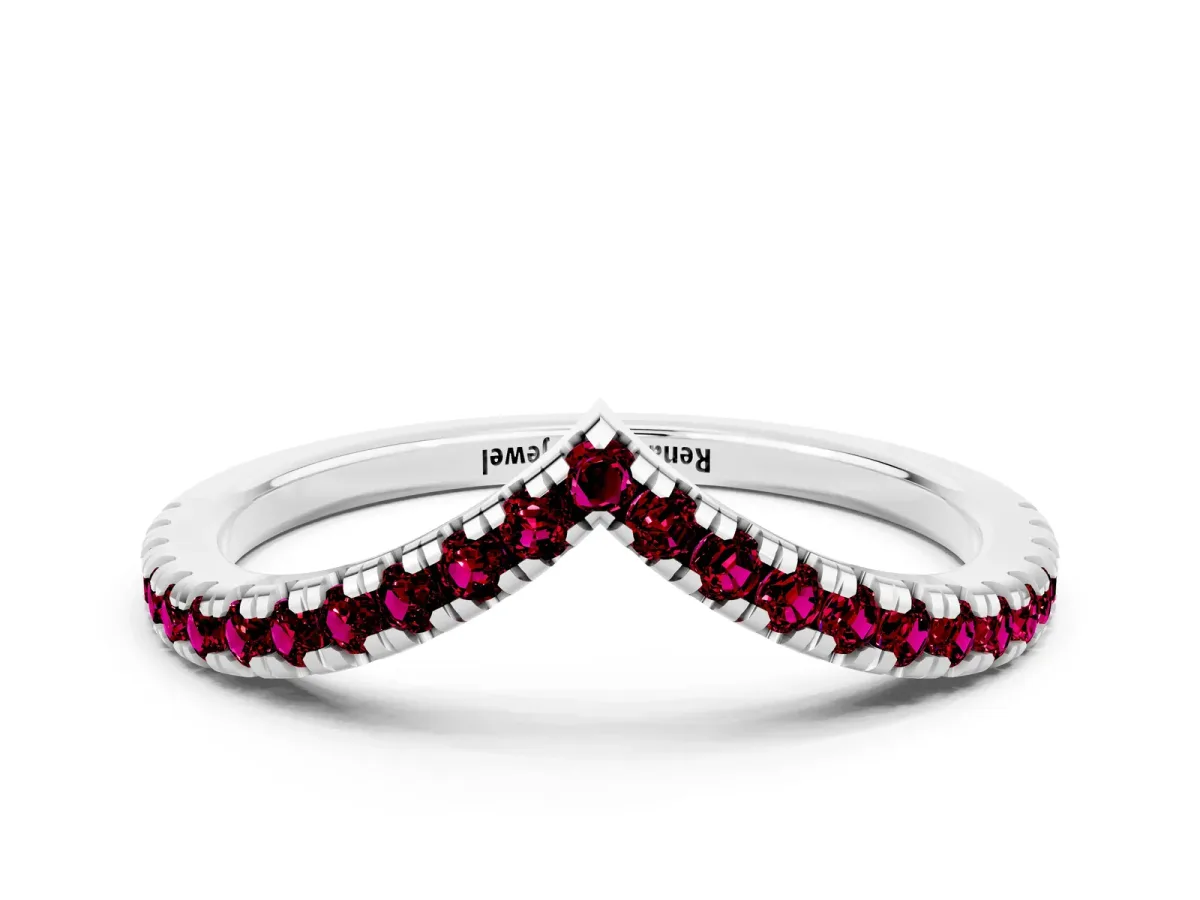 Pavé Round Garnet V-Shaped Chevron Band with Shared Prong Setting Silver