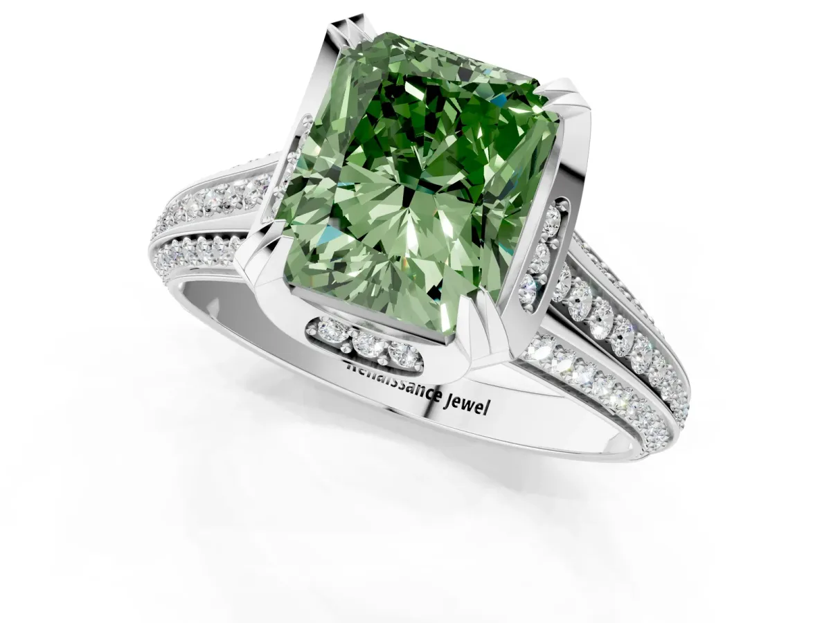 Fancy Green Radiant Cut Solitaire Pave Split Shank Ring with Four-Prong Setting Platinum