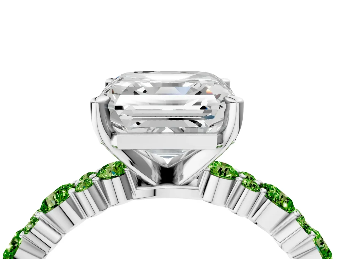 Asscher Cut Diamond Side Stone Solitaire Ring with Round Peridot and Four-Prong Setting Platinum
