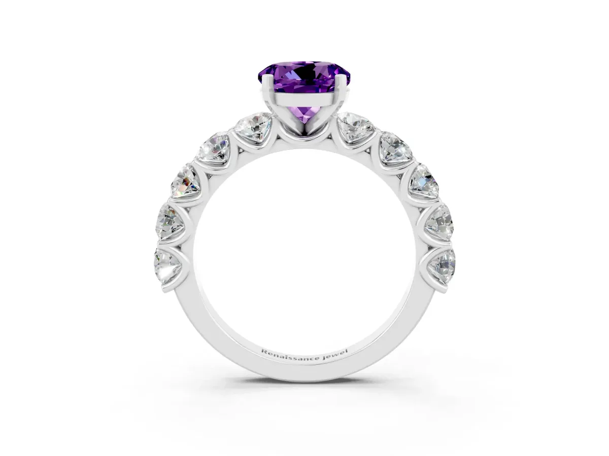 Round Cut Amethyst Prong Setting with Side Stones on a Pave Band Silver