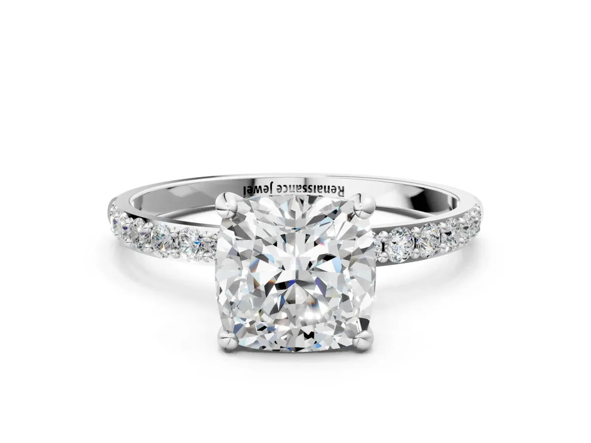 Cushion Cut Diamond Solitaire Ring with Round Pavé Band and Prong Setting Platinum