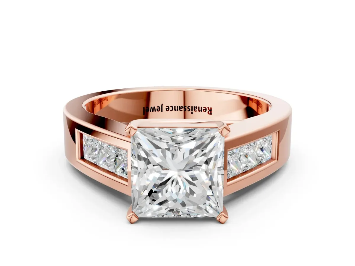 Princess Cut Cut Channel Set Solitaire Ring with Four-Prong Setting Rose gold