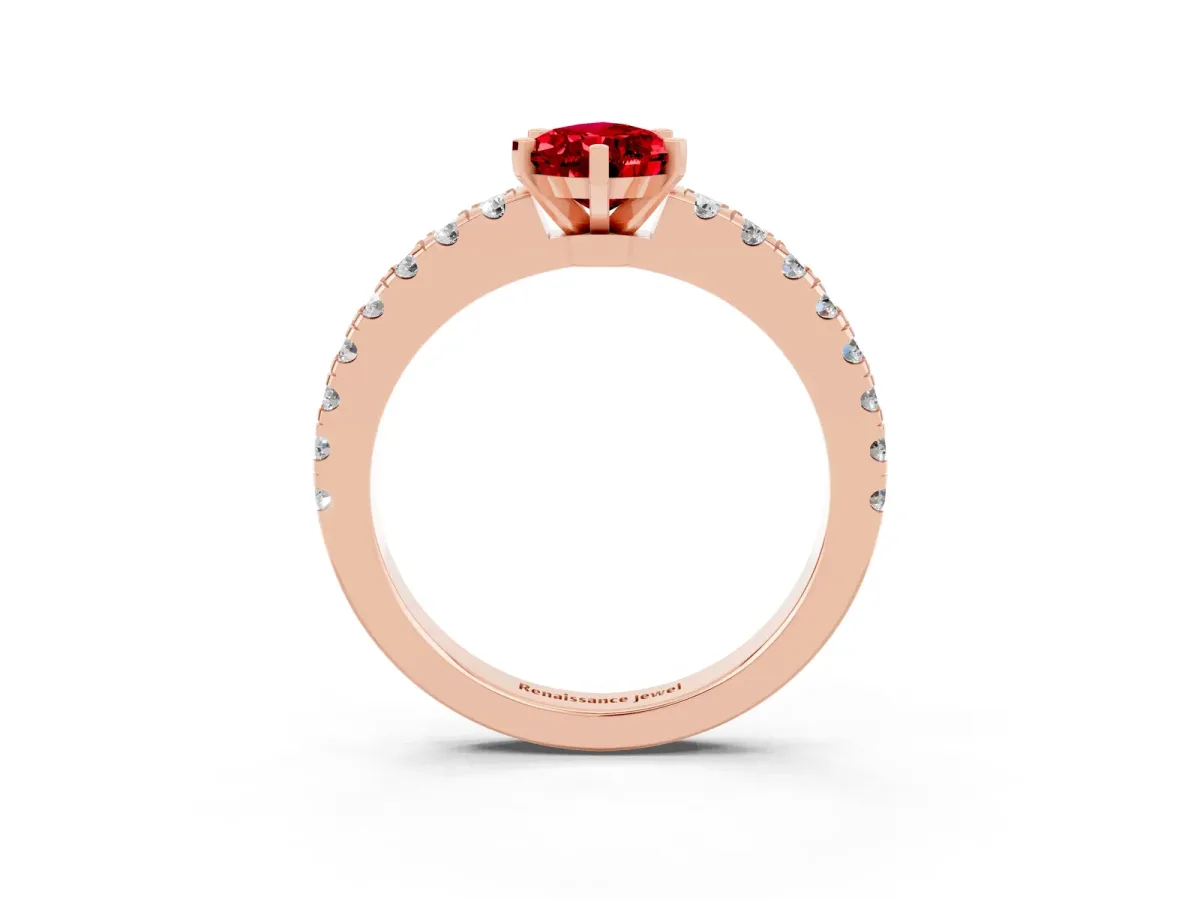 Pear Cut Solitaire Ruby with Pavé Band and Four-Prong Setting Rose gold