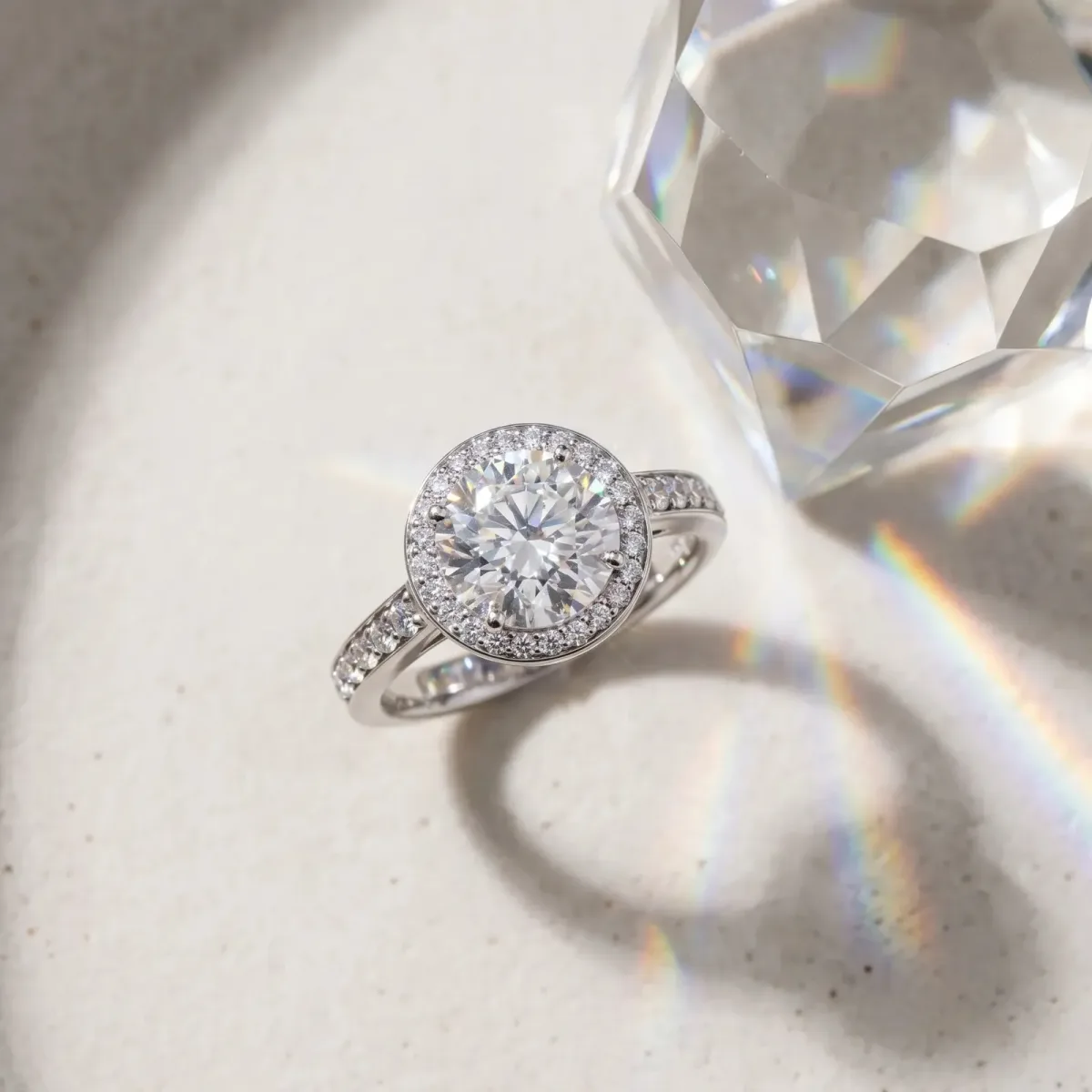 Round Cut Halo Pavé Diamond Engagement Ring with Bezel Setting Platinum