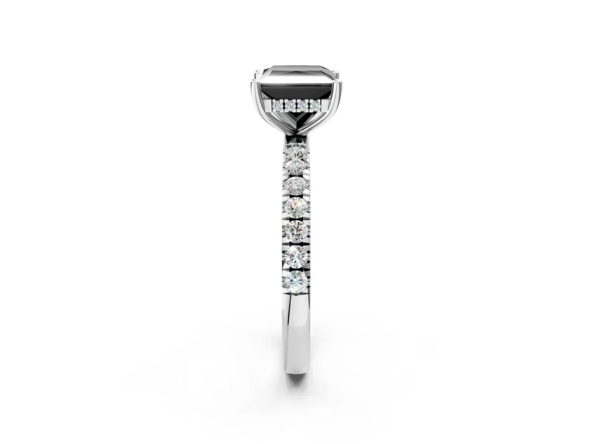 Fancy Black Princess Cut Diamond Pave Band Solitaire Ring with Round and Prong Setting Silver
