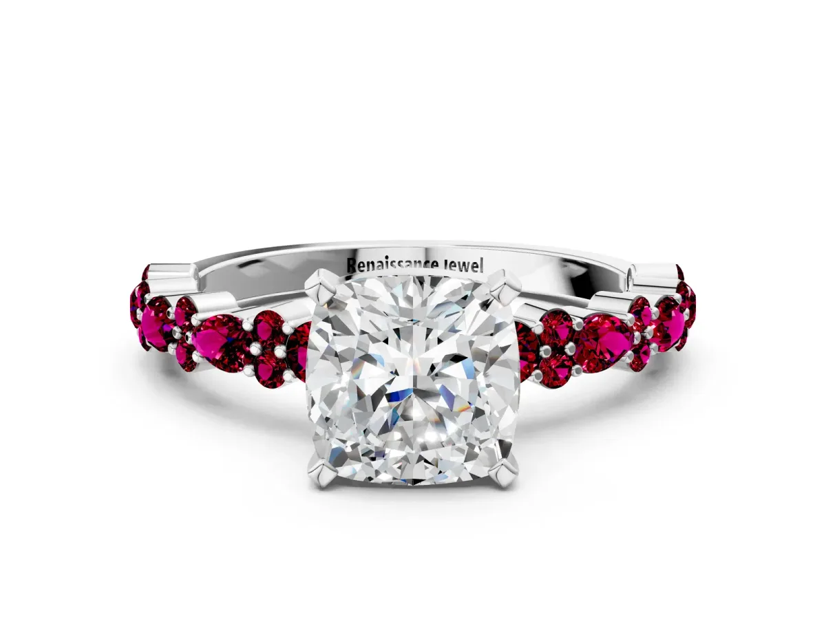 Cushion Cut Diamond Side Stone Solitaire Ring with Round Garnet and Four-Prong Setting Platinum