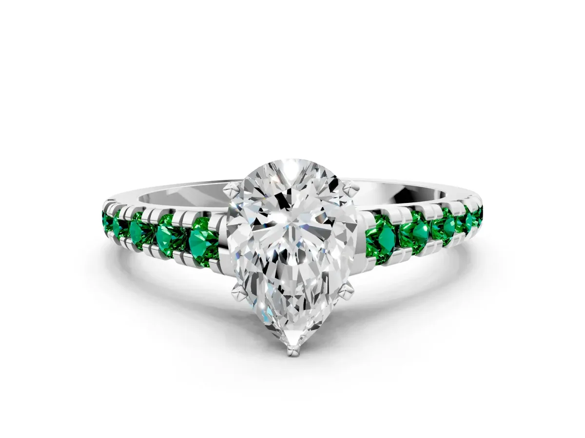 Pear Cut Diamond Cathedral Solitaire Ring with Round Emerald Pavé Band White gold