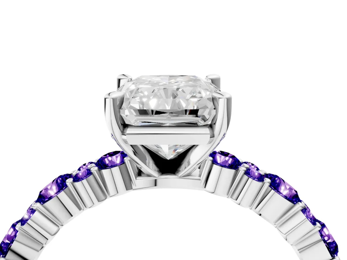Radiant Cut Diamond Side Stone Solitaire Ring with Round Tanzanite and Four-Prong Setting Silver