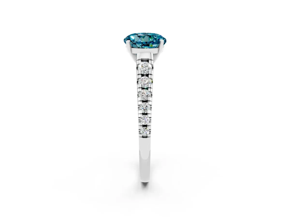 Round Cut Blue Topaz Cathedral Solitaire Ring with Round Pavé Band Silver
