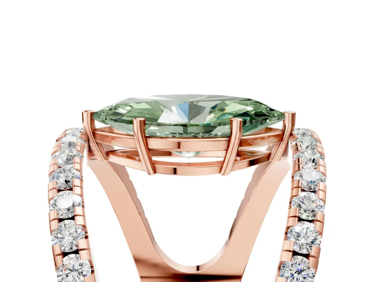Fancy Green Marquise Cut Solitaire Split Shank Pave Diamond Ring Rose gold
