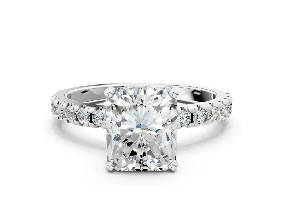 Radiant Cut Diamond Solitaire Ring with Round Pavé Band and Four-Prong Setting Silver