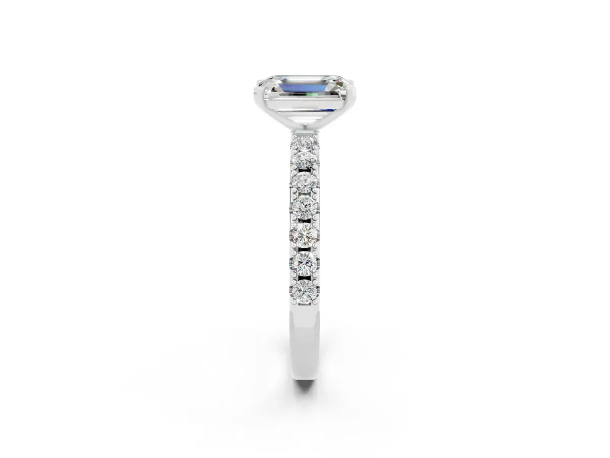 Emerald Cut Moissanite Solitaire Pavé Band with Four-Prong Setting Silver