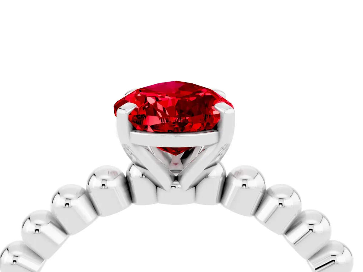 Pear Cut Ruby Solitaire Ring with Beaded Band and Prong Setting Silver