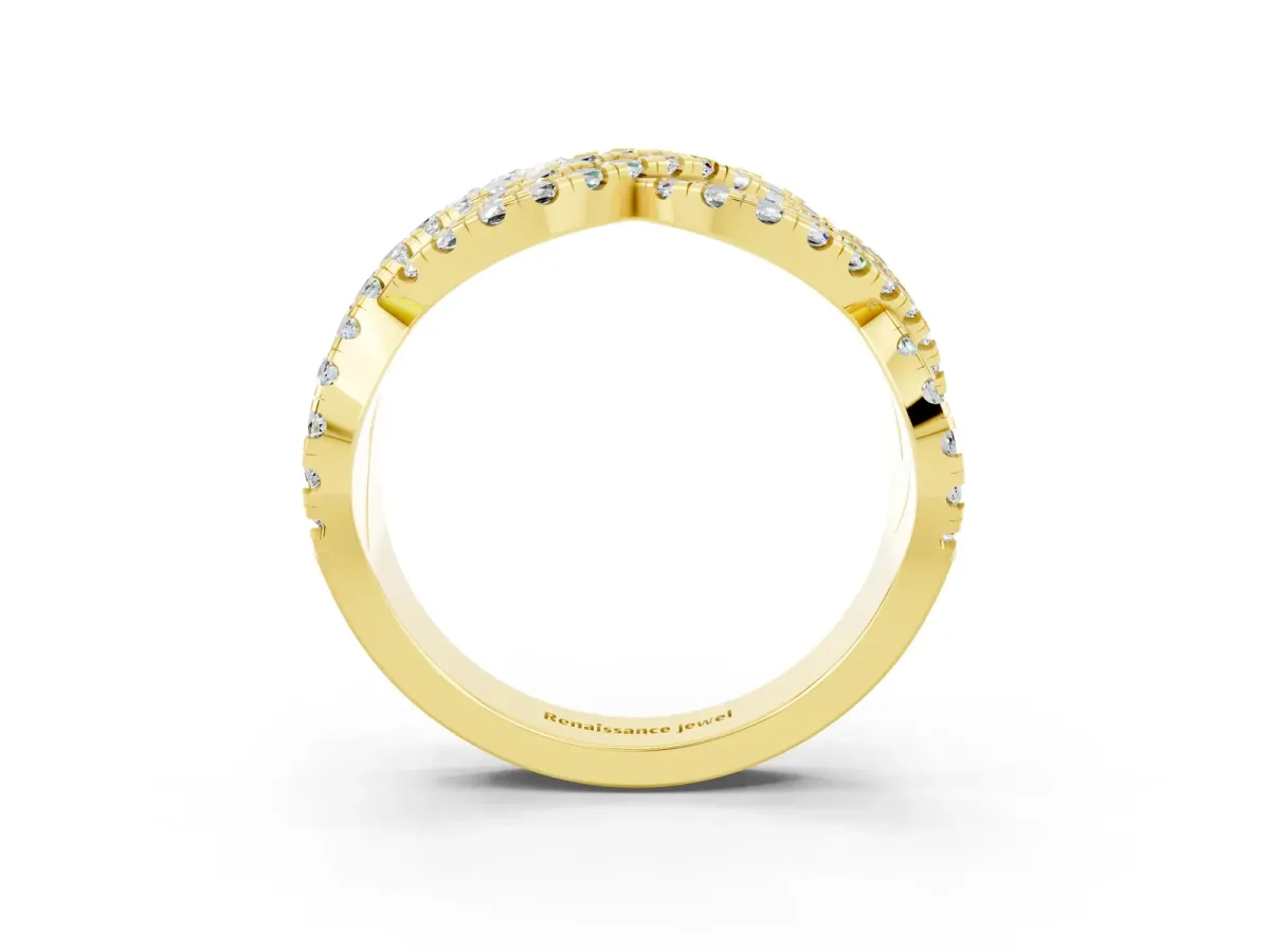 Pavé Round Moissanite Infinity Twist Band with Shared Prong Setting Yellow gold