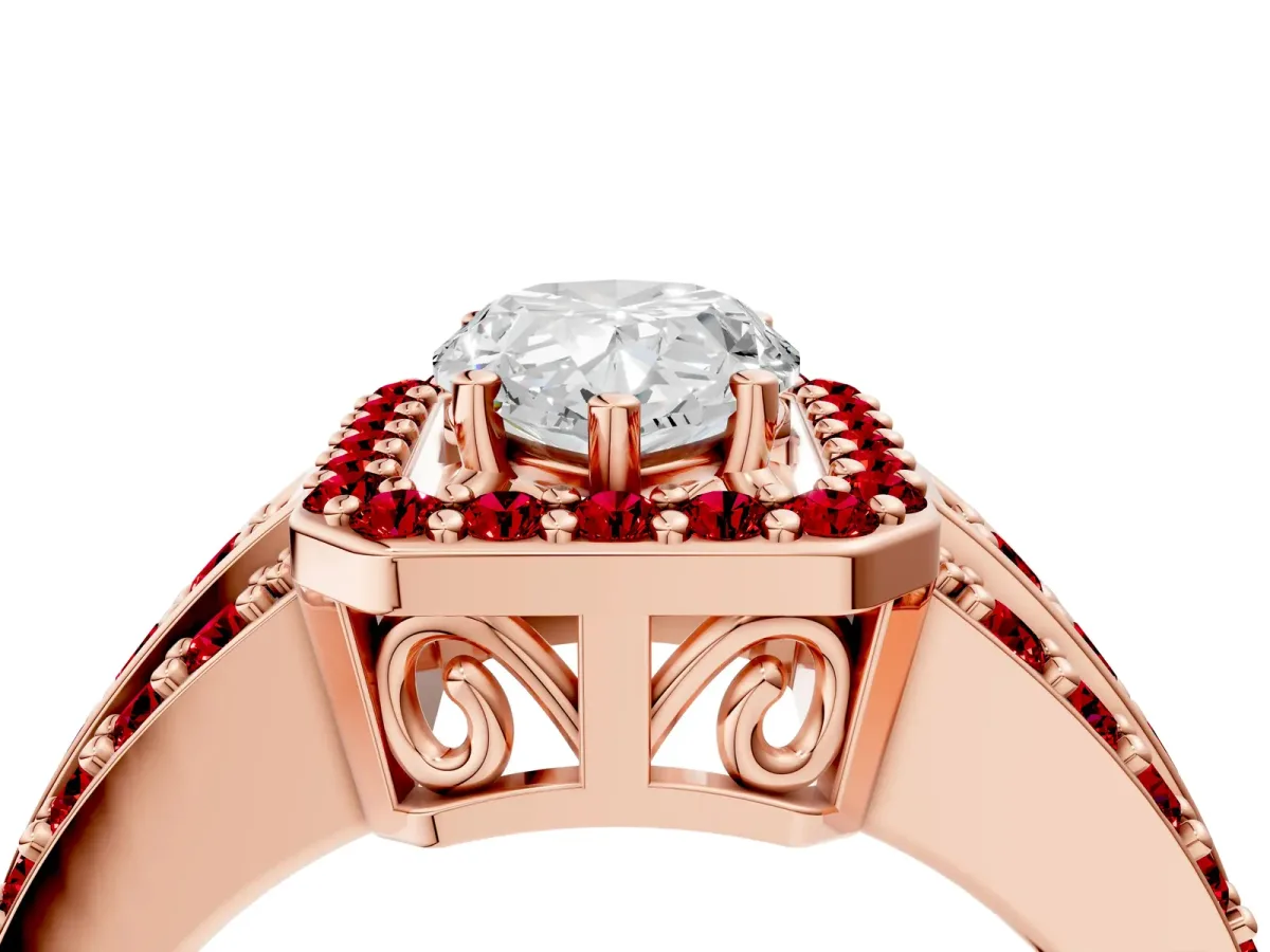 Pear Cut Halo Diamond Ring with Round Ruby Split Shank and Prong Setting Rose gold