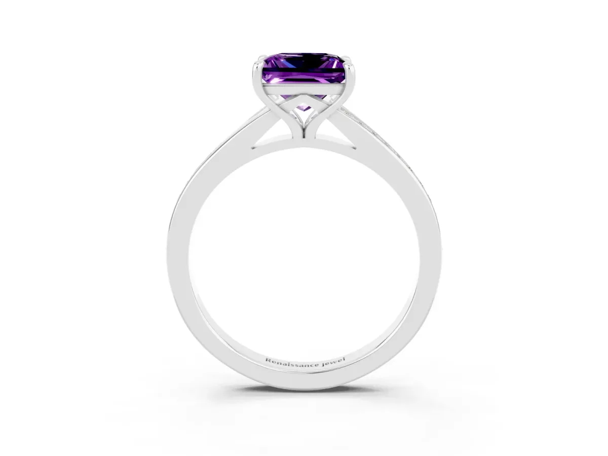 Princess Cut Amethyst Solitaire Ring with Pavé Band and Prong Setting Silver