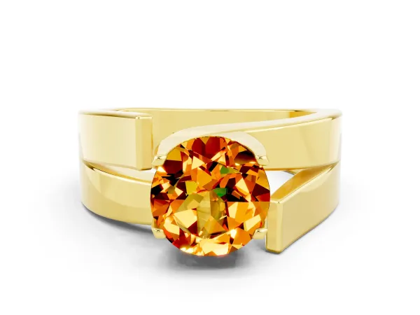 Modern Tension Set Round Cut Citrine Solitaire Wide Band Ring Yellow gold