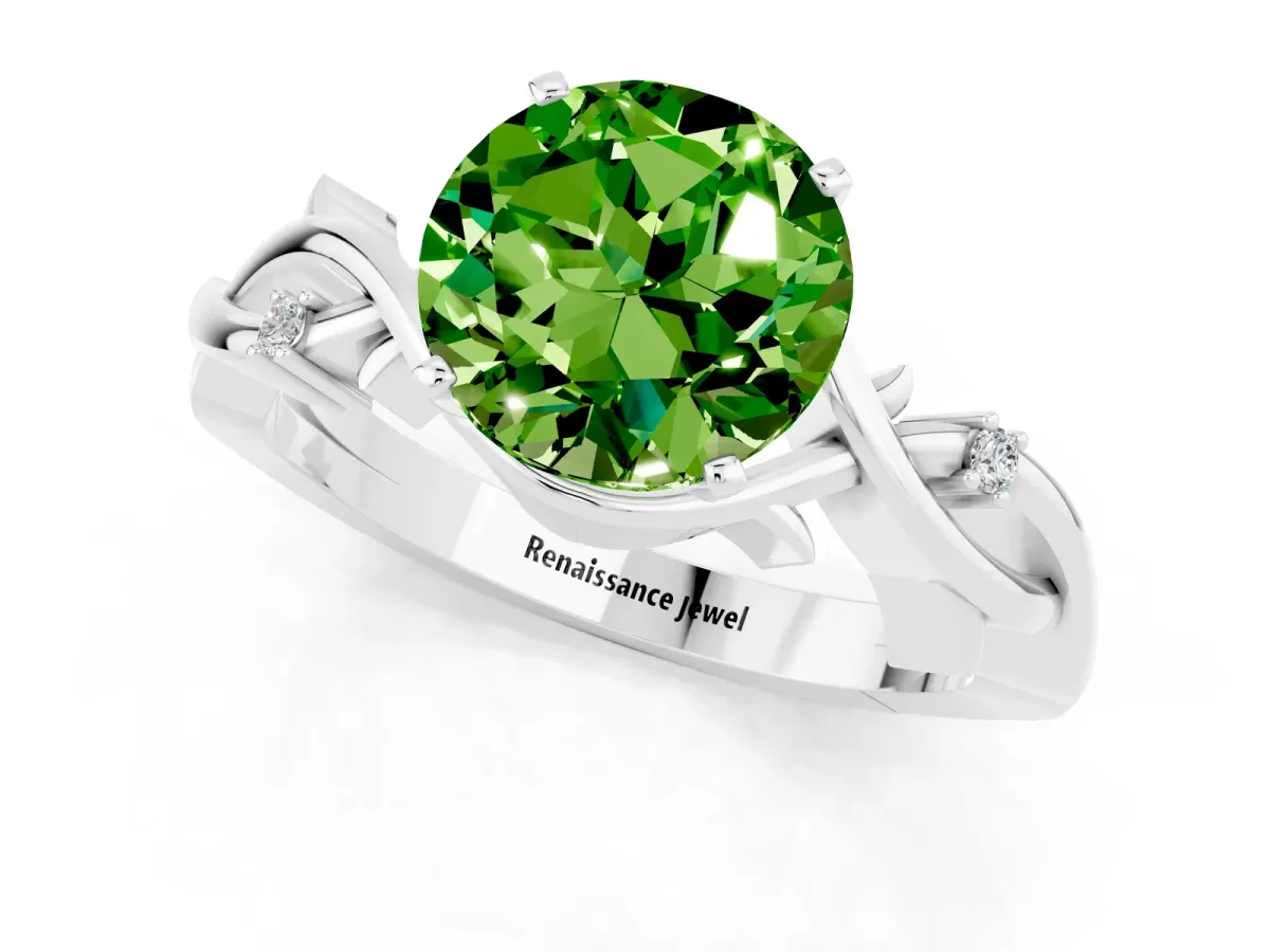 Round Cut Peridot Solitaire Ring with Twisted Band and Prong Setting Platinum