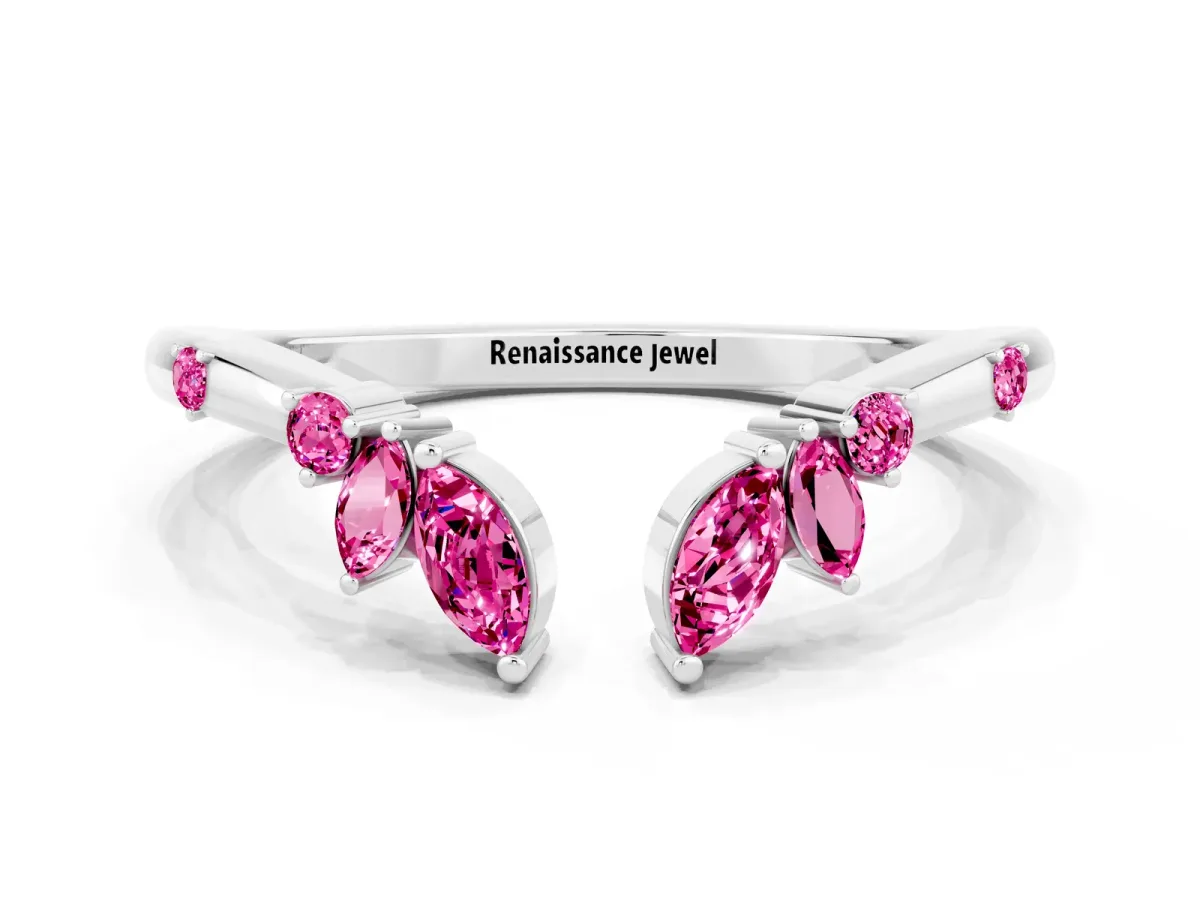 Open Marquise Cluster Pink Sapphire Band with Prong Setting White gold