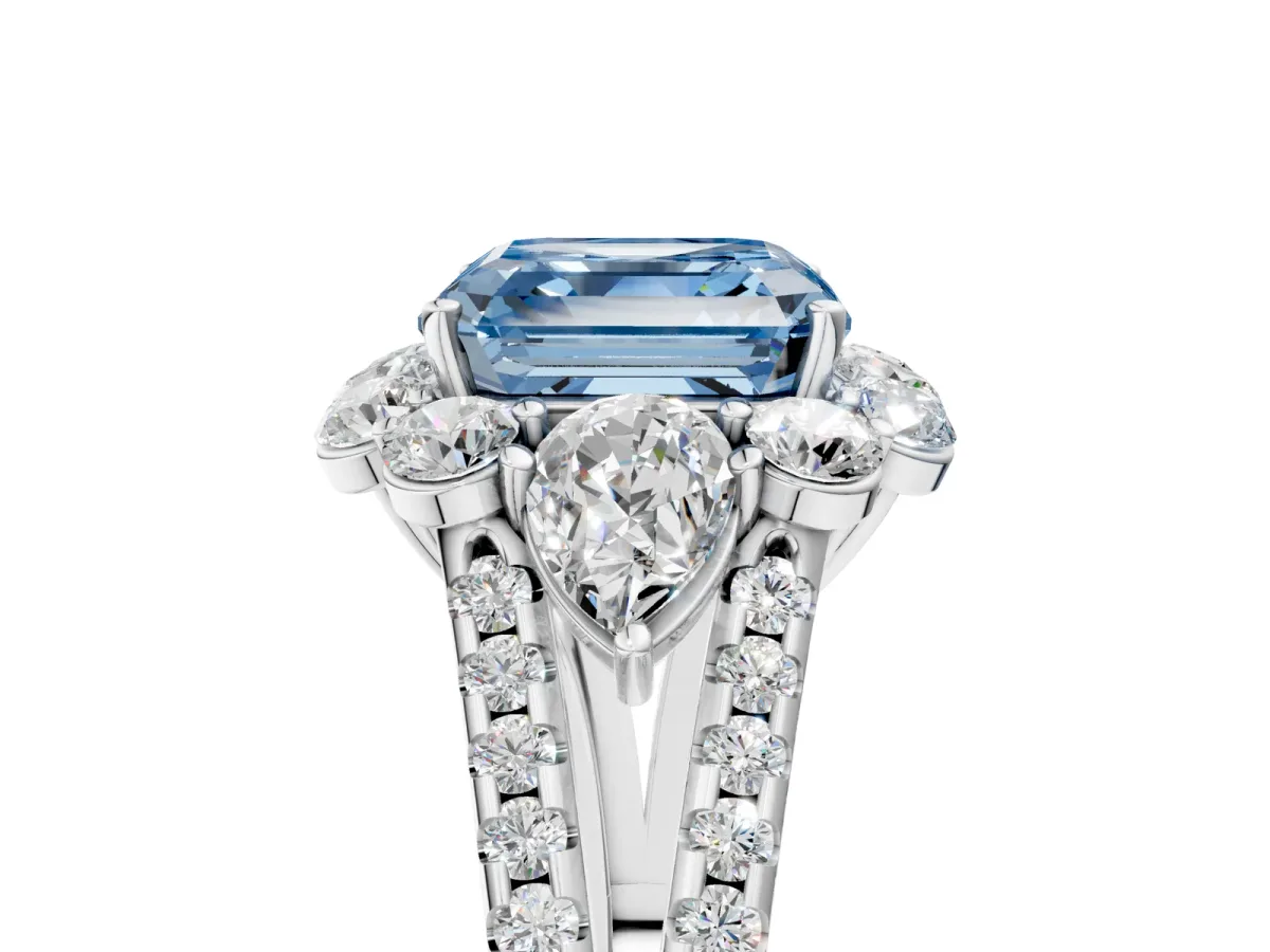 Fancy Blue Asscher Cut Halo Split Shank Diamond Engagement Ring with Prong Setting Platinum