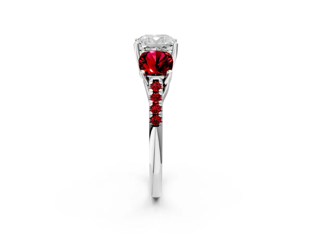 Three-Stone Cushion Cut Diamond Ring with Round Ruby Pavé Band and Prong Setting White gold