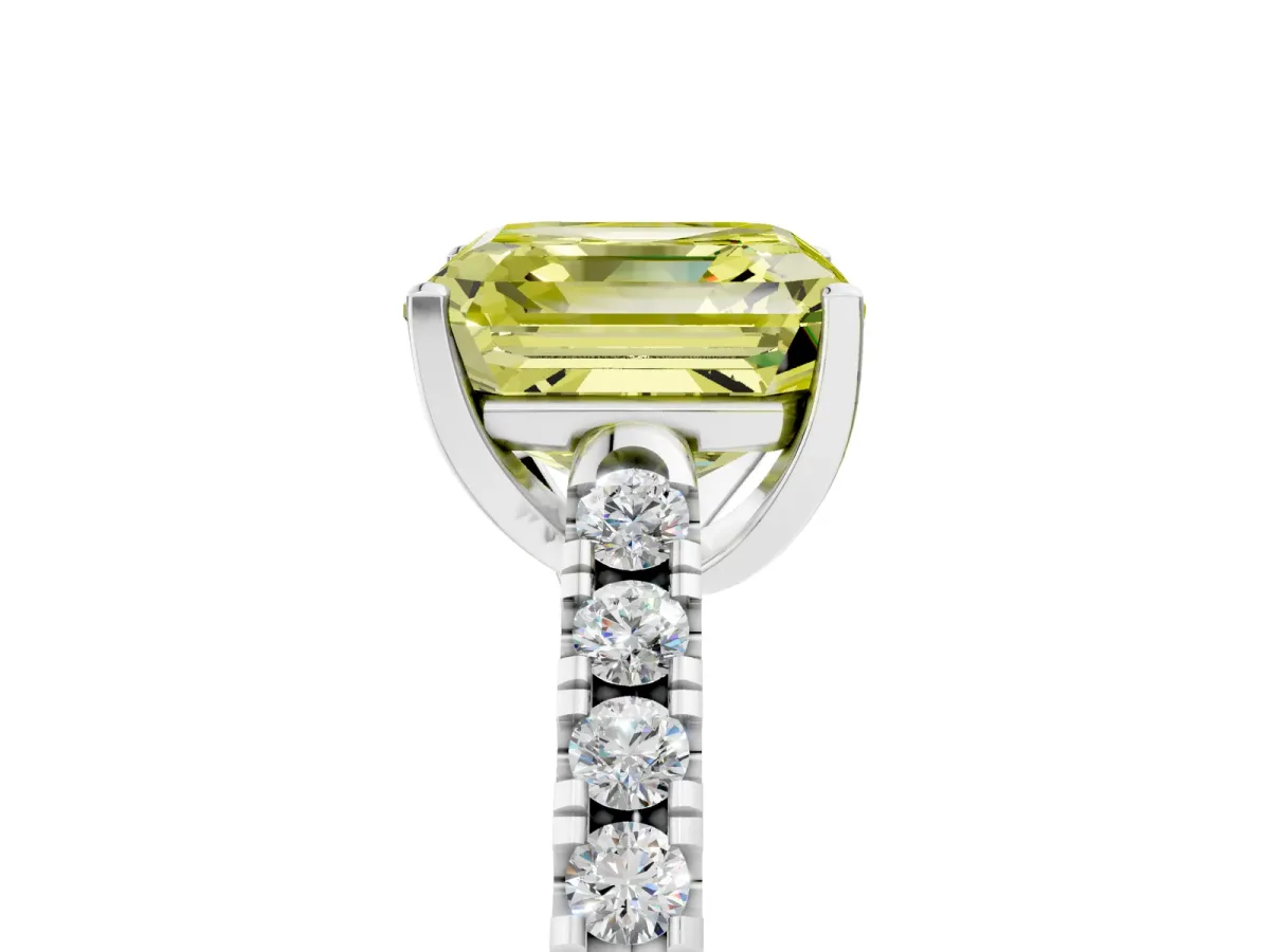 Fancy Yellow Asscher Cut Diamond Pavé Band Solitaire Ring with Prong Setting Platinum