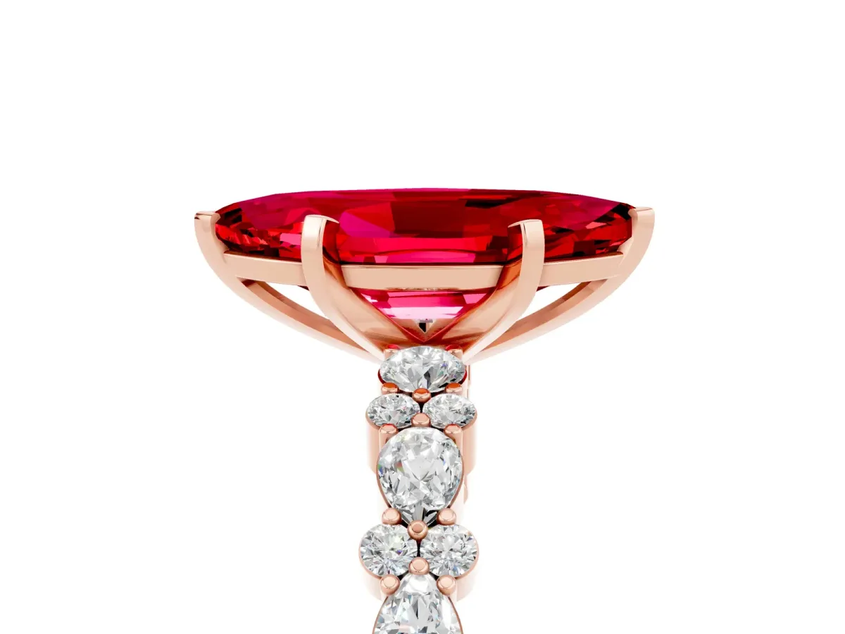Marquise Cut Ruby Side Stone Solitaire Ring with Round and Four-Prong Setting Rose gold