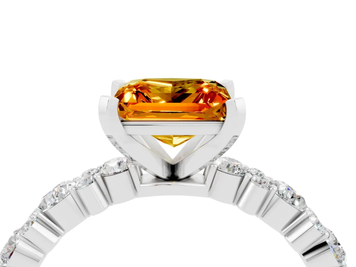 Princess Cut Citrine Side Stone Solitaire Ring with Round and Four-Prong Setting Platinum