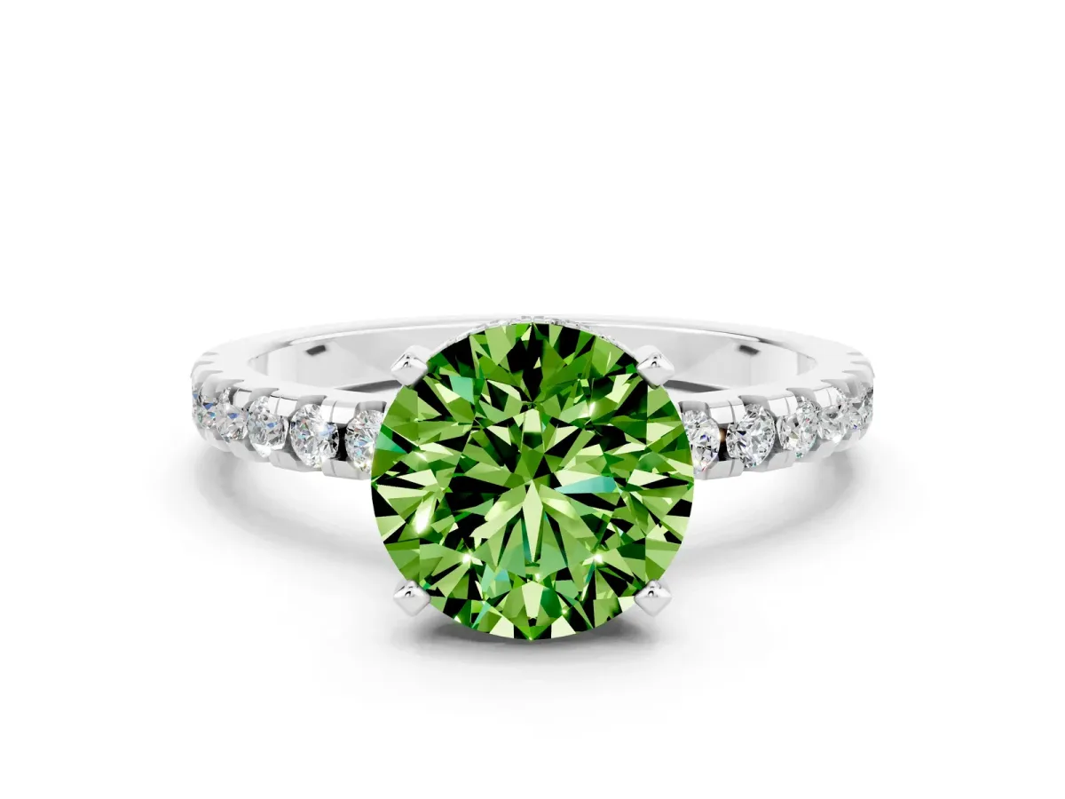 Round Cut Peridot Solitaire Ring with Round Pavé Band and Four-Prong Setting Silver