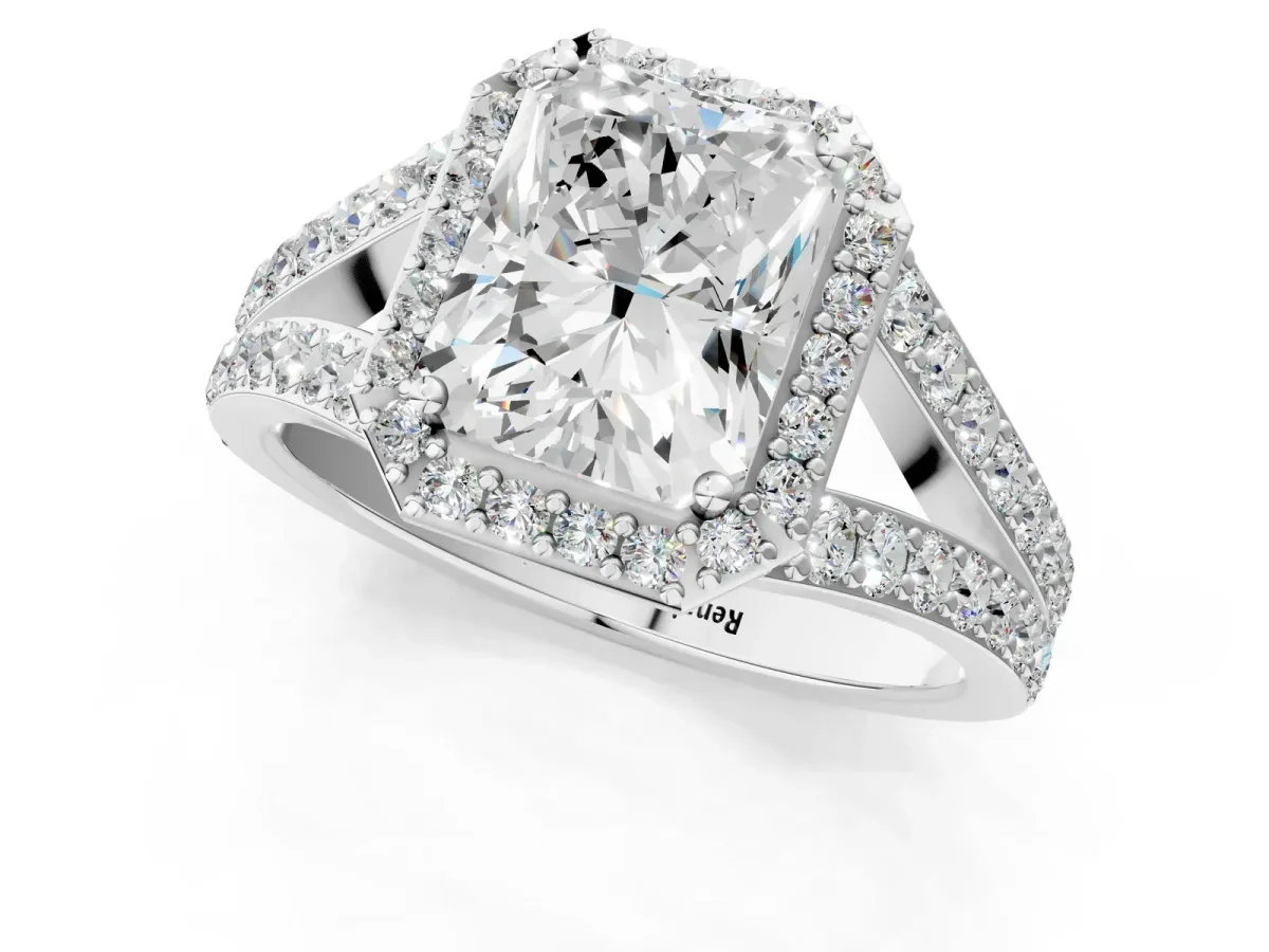 Radiant Cut Diamond Split Shank Halo Ring with Four-Prong Setting Platinum