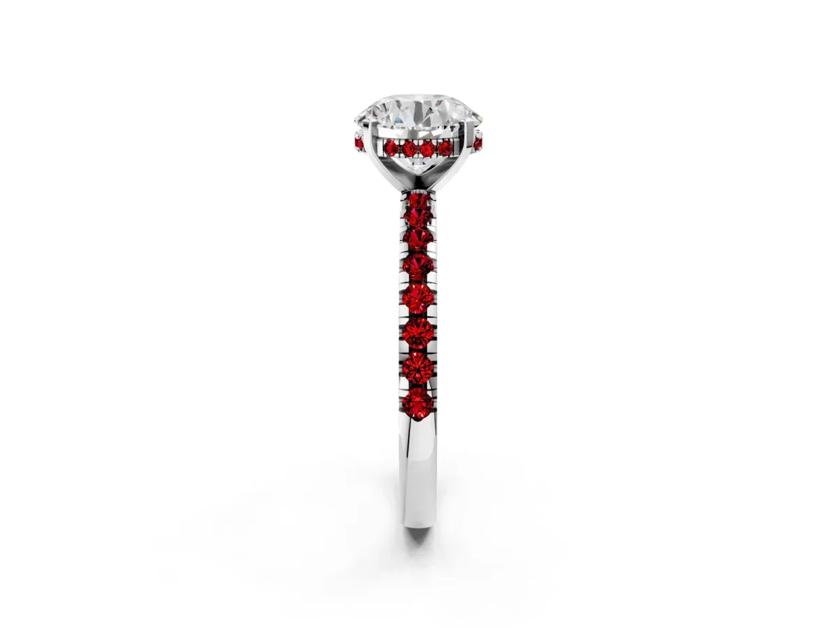 Round Cut Diamond Solitaire Ring with Round Ruby Pavé Band and Four-Prong Setting Silver
