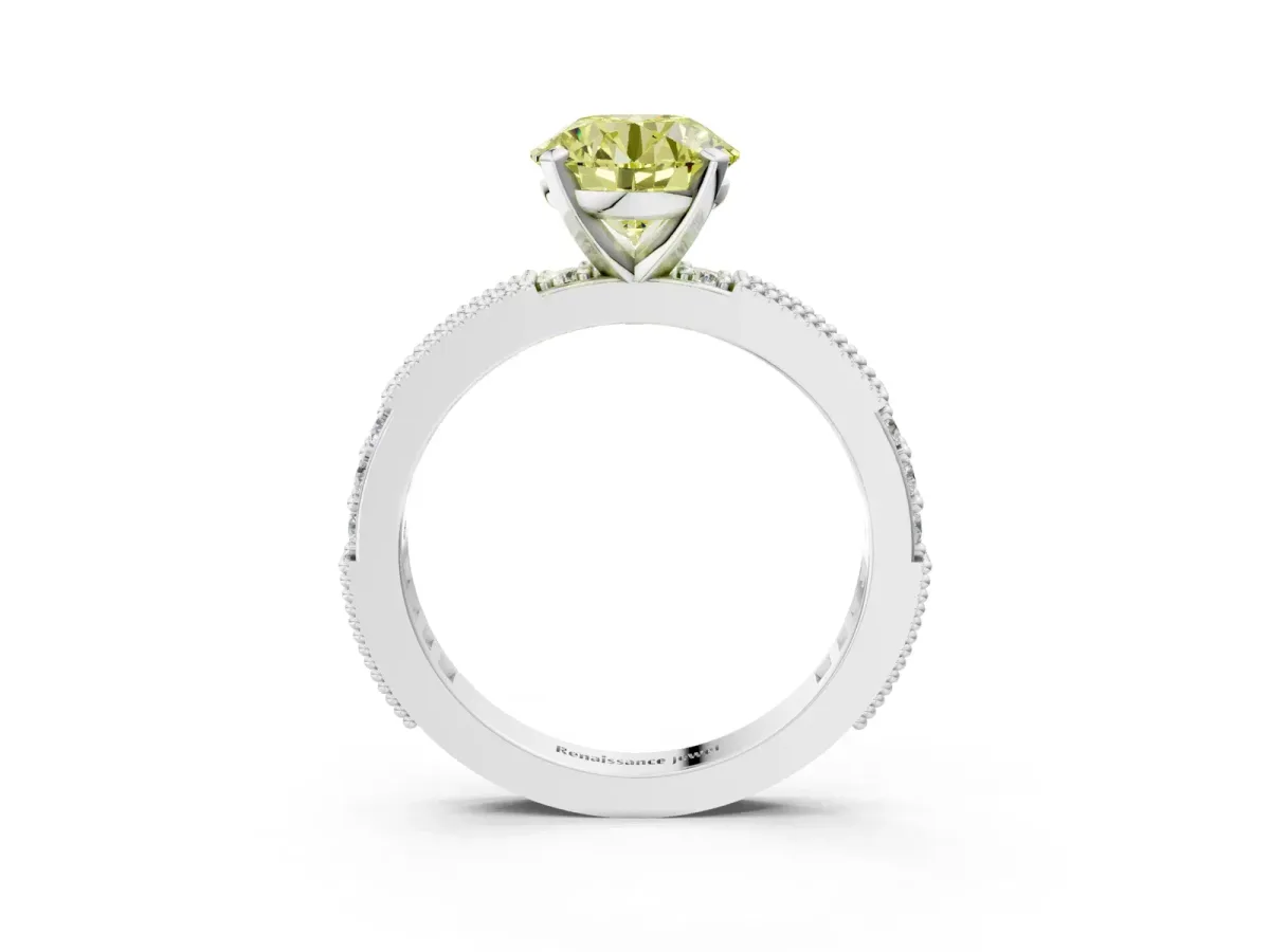 Fancy Yellow Round Cut Solitaire with Pavé Band and Four-Prong Setting Platinum