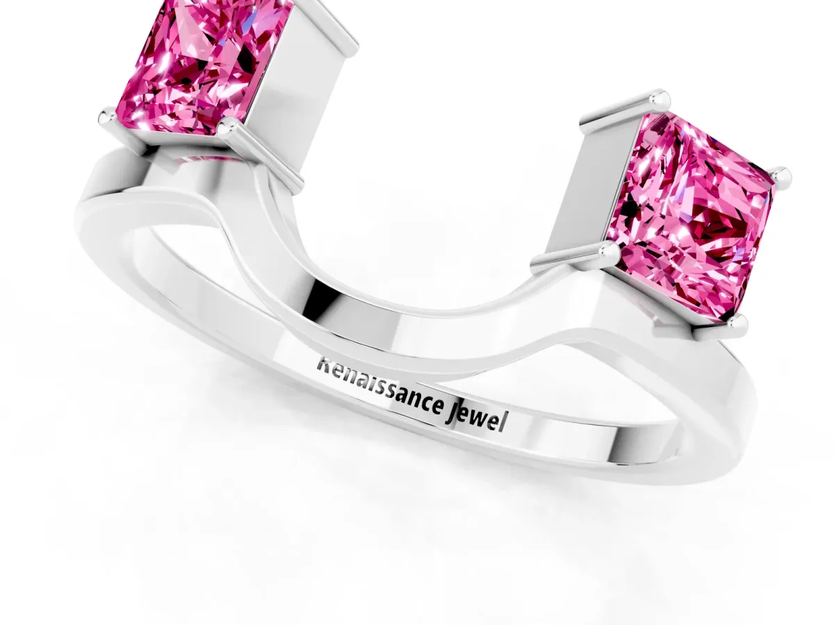 Princess Cut Pink Sapphire Two-Stone Open Band Ring with Four-Prong Setting Silver
