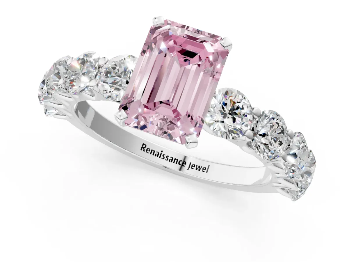 Fancy Pink Emerald Cut Diamond Prong Setting with Side Stones on a Pave Band Platinum