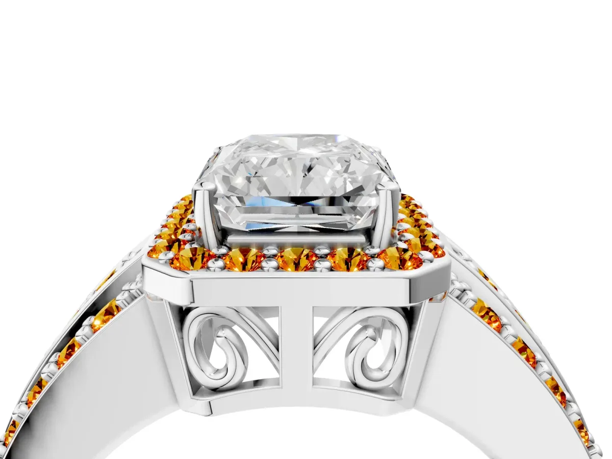 Radiant Cut Halo Diamond Ring with Round Citrine Split Shank and Prong Setting Silver