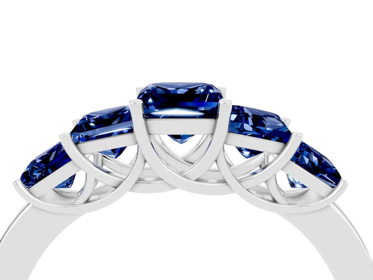 Princess Cut Five-Stone Blue Sapphire Ring with Classic Prong Setting Silver